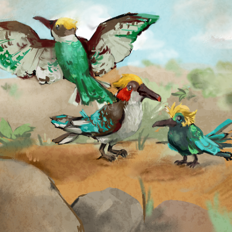 colorful illustration of a bird resembling a woodpecker or trogon